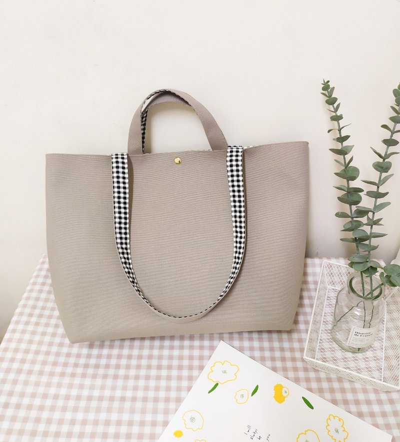 法式系列经典帆布手提袋/格纹肩背包/大容量帆布包/燕麦灰款 - 手提包/手提袋 - 棉．麻 灰色