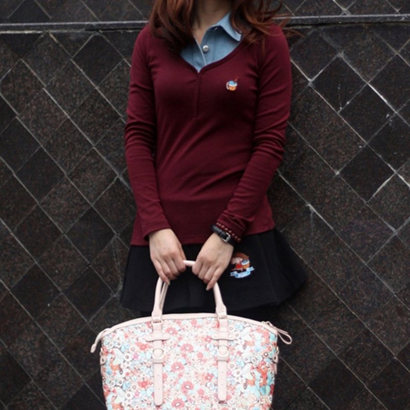 Stephy品牌SCL011-CC/r红色V领设计牛仔拼接长袖衫 - 女装短裤 - 棉．麻 红色