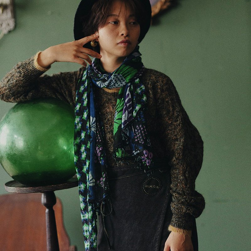 油綠色/橙紅色 100%純羊毛圍巾 輕盈印花流蘇圍巾 大尺寸秋冬披肩 - 围巾/披肩 - 羊毛 绿色