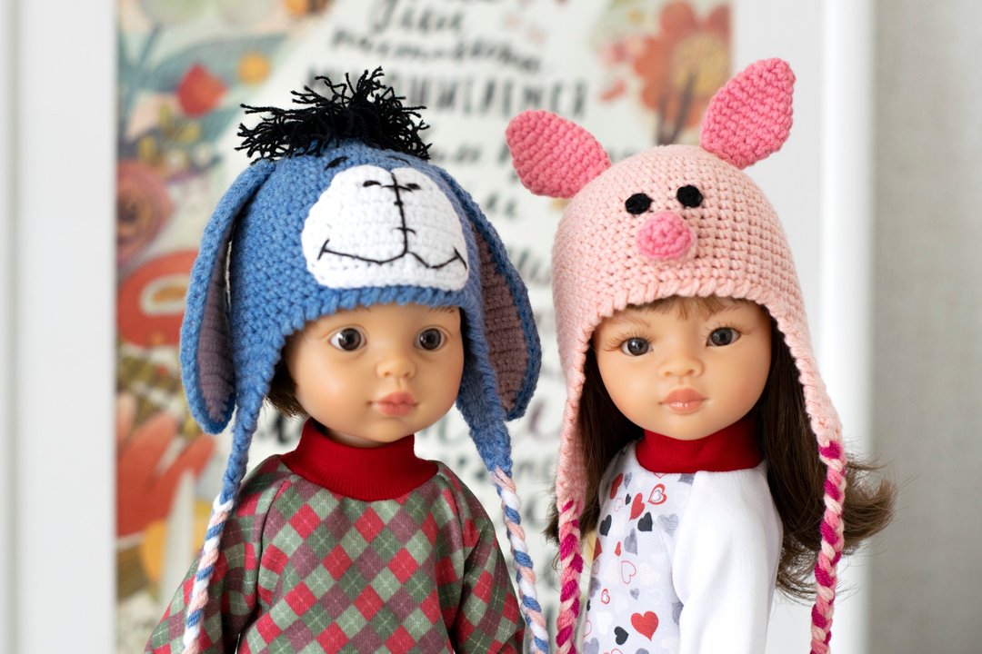 适合Paola Reina 娃娃的小猪和驴子的帽子，Meadowdolls Dumplings，针织帽 - 玩具/玩偶 - 棉 多色