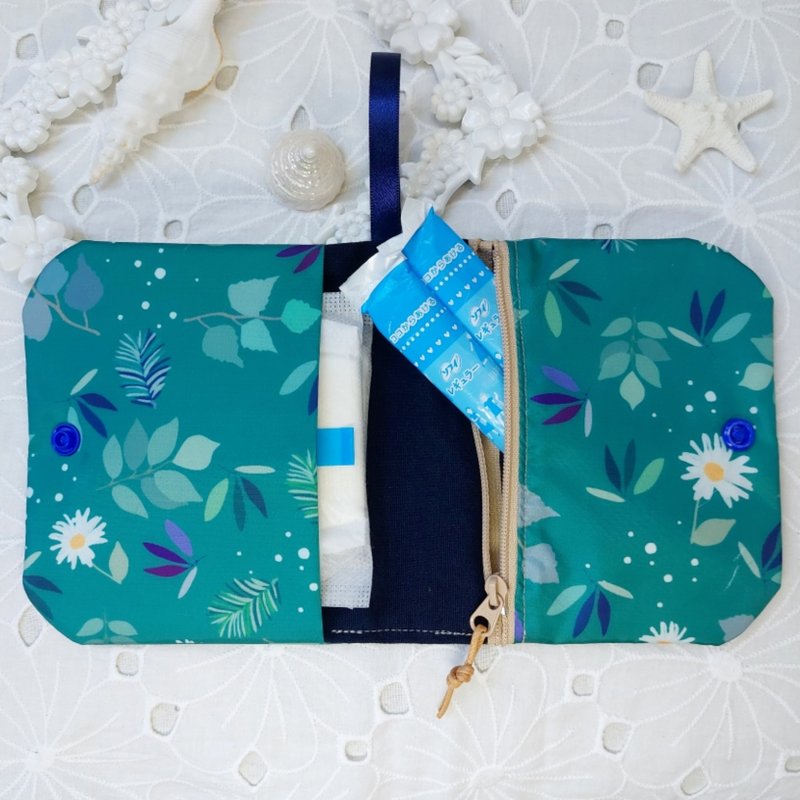 韩国防水布蓝绿色小菊花随身收纳卫生棉包/生理包 - 化妆包/杂物包 - 防水材质 蓝色