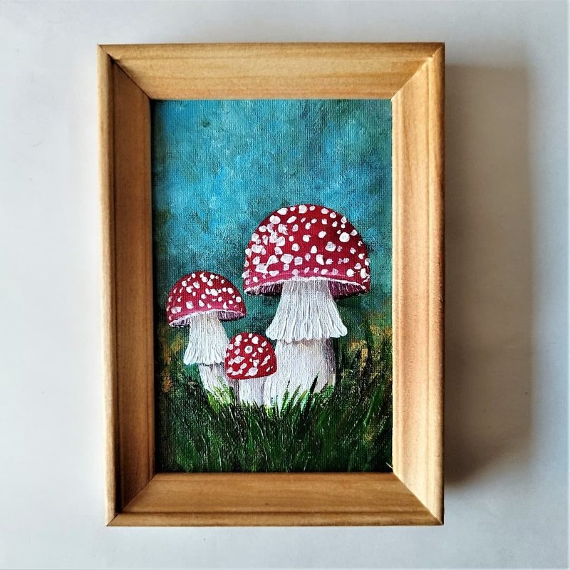 Mushroom original painting framed art Fly agaric small wall decoration - 墙贴/壁贴 - 压克力 多色