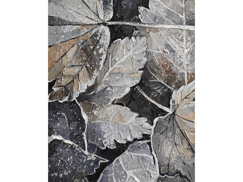 Leaves Painting Floral Original Art Oil Painting Fall Painting Autumn Wall Art - 海报/装饰画/版画 - 其他材质 灰色