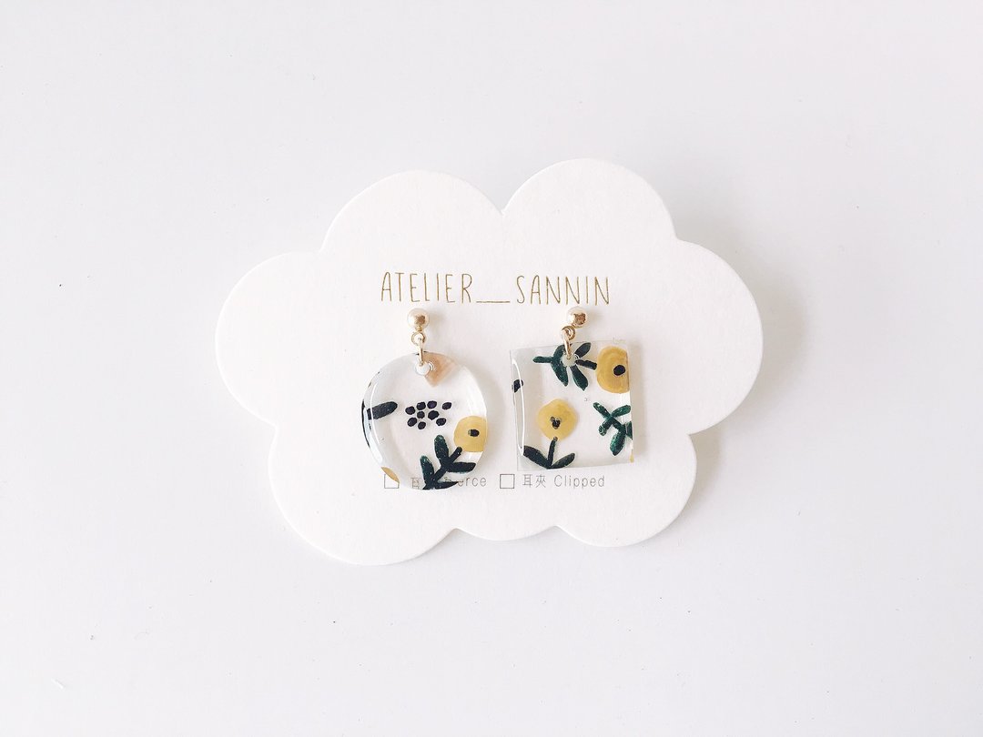 白花画室系列-植物画展 手绘 垂坠 手工耳环 耳针/耳夹 - 耳环/耳夹 - 其他材质 绿色