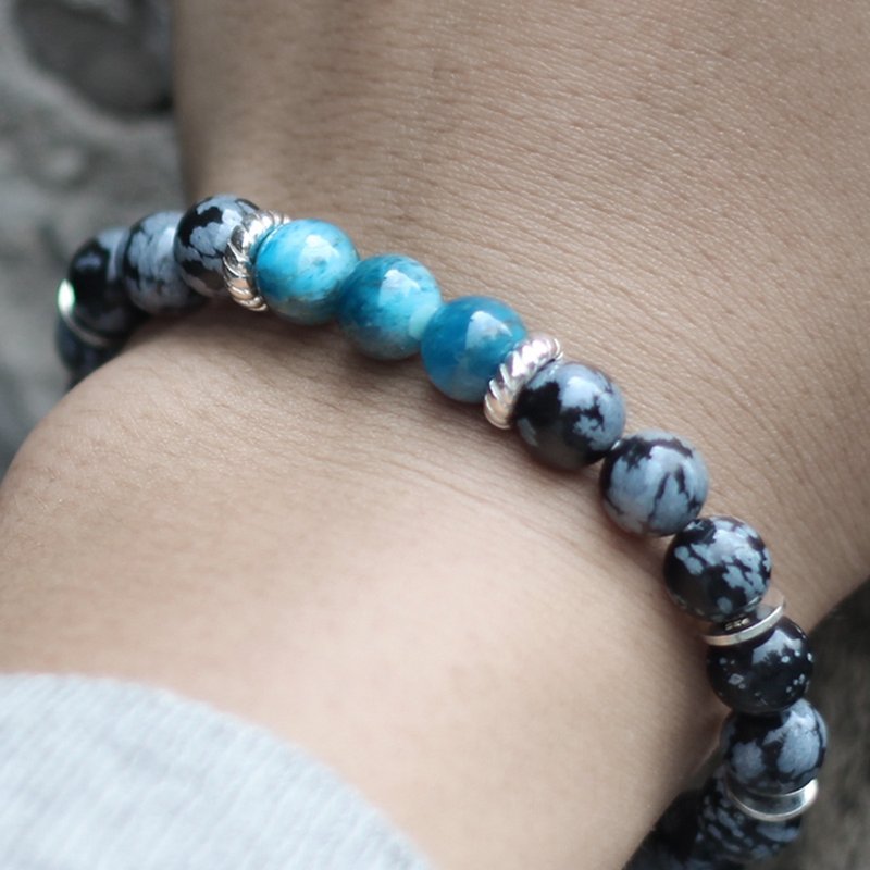 黑岩 净火. 天然矿石手珠 黑雪花石 磷灰石 925纯银 精炼磨光质感 - 手链/手环 - 宝石 