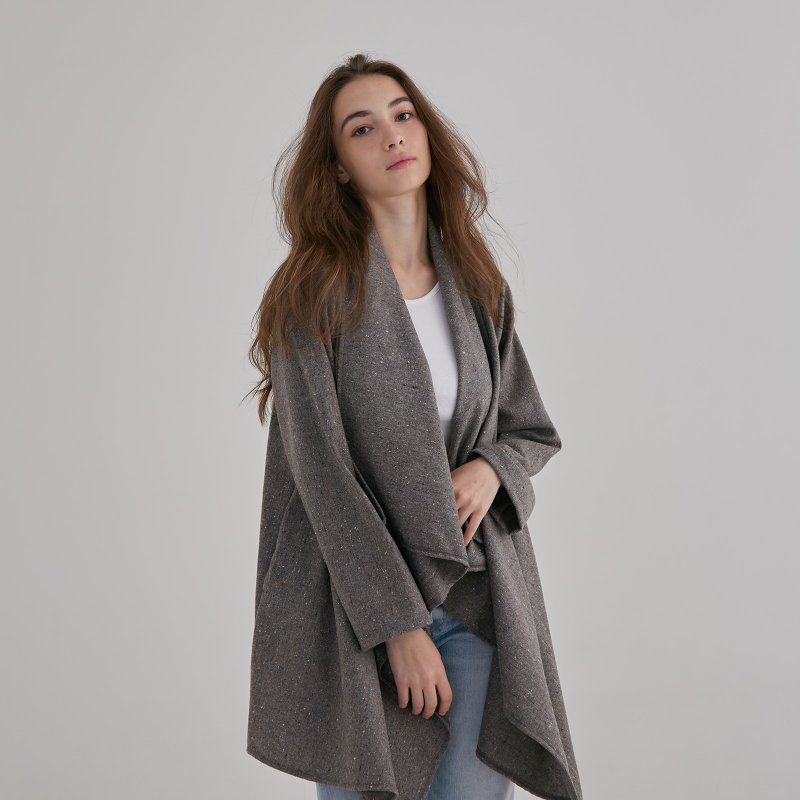 围裹领大衣 - 混色浅 - 女装休闲/机能外套 - 羊毛 多色