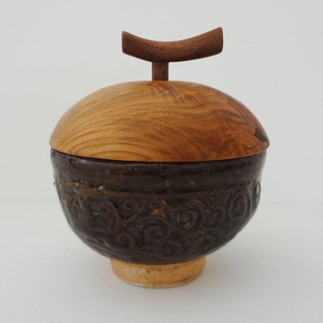 唐草纹 黑釉・带盖陶器 - 碗 - 陶 黑色