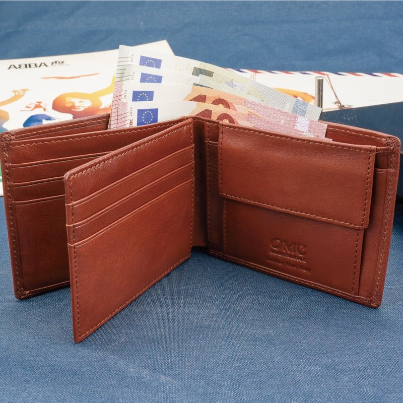 意大利植鞣9卡1照左右翻牛皮短夹(棕色) - 皮夹/钱包 - 真皮 咖啡色