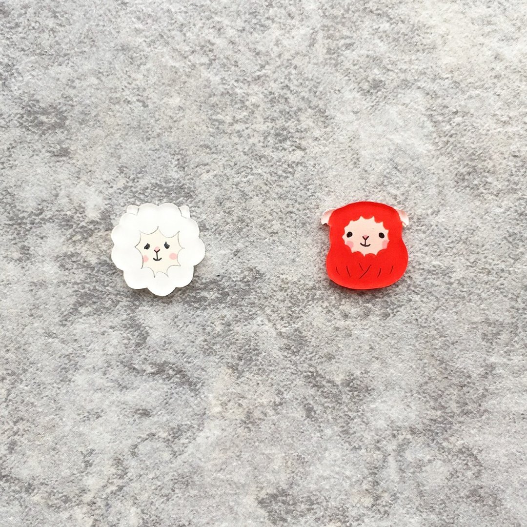 Pista丘手绘耳环/ 动物-绵羊+不倒翁红羊 - 耳环/耳夹 - 树脂 红色