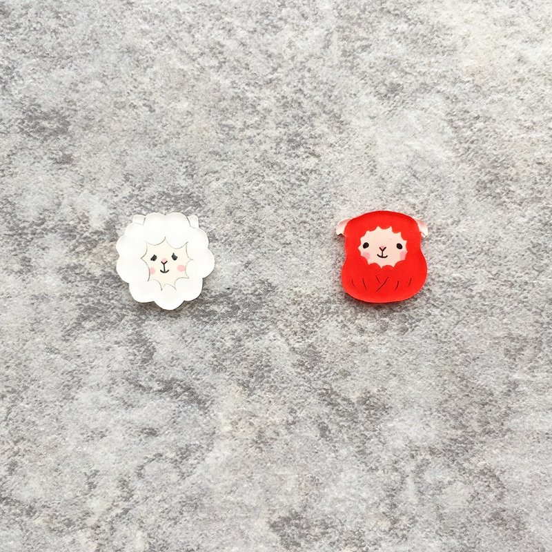 Pista丘手绘耳环/ 动物-绵羊+不倒翁红羊 - 耳环/耳夹 - 树脂 红色