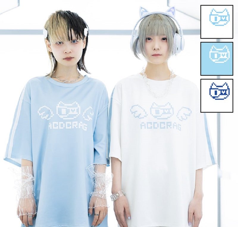 守护天使二次元动漫风猫咪怀旧点阵刺绣短袖中性宽松T恤【JA0535 - 女装 T 恤 - 聚酯纤维 