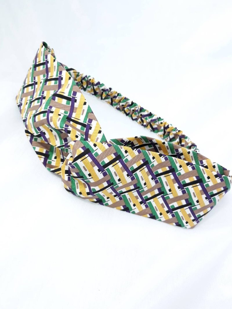 黄绿交错格纹手工发带 - 发带/发箍 - 棉．麻 多色