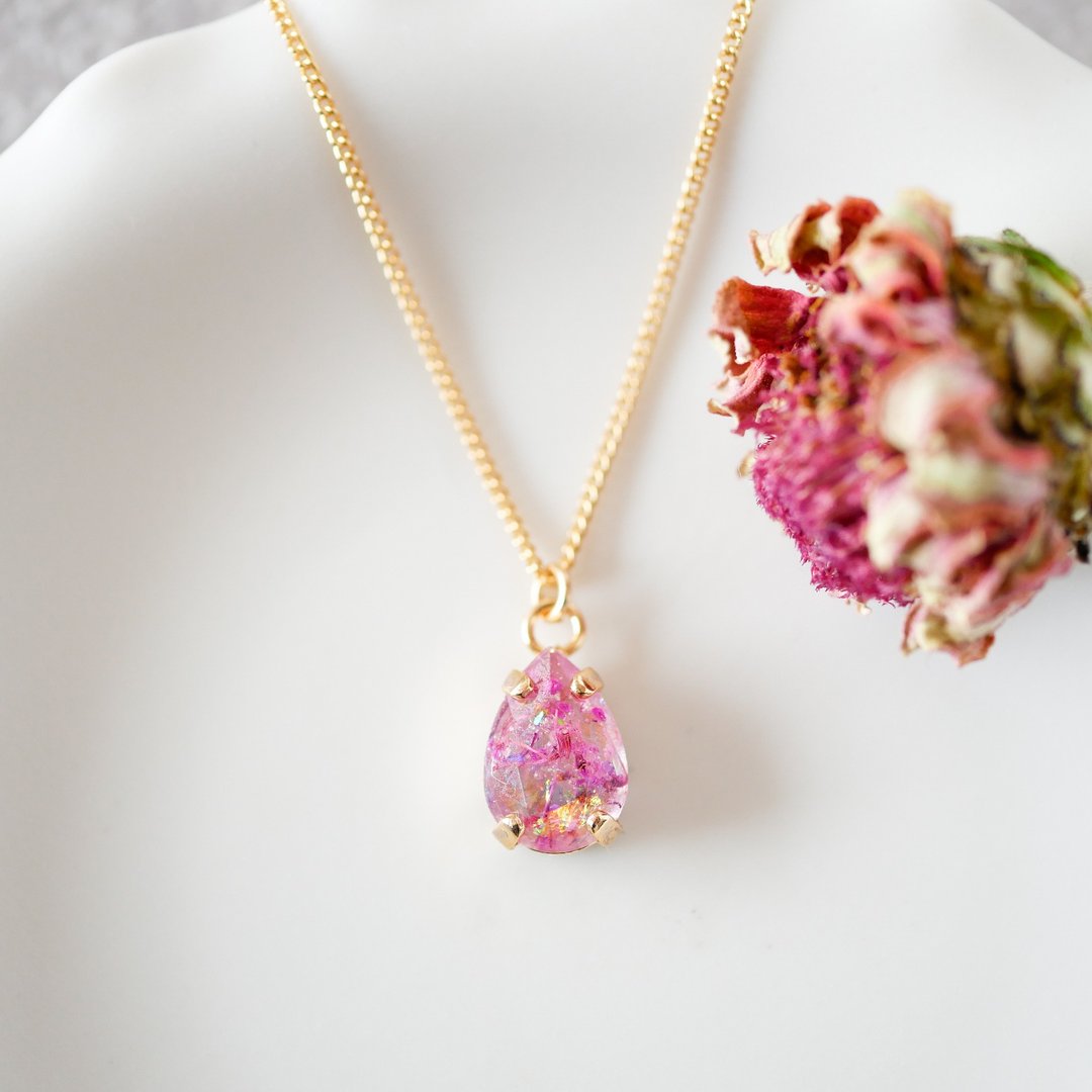 Small drop/bijou necklace/lace flower/pink/14kgf changeable/N-383 - 项链 - 树脂 粉红色