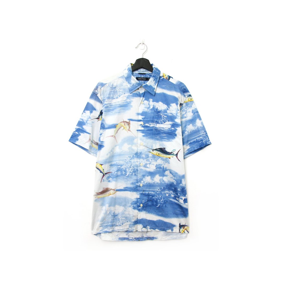 Back to Green- 短袖花衬衫 海上 鱼群 vintage shirt - 男装衬衫 - 聚酯纤维 