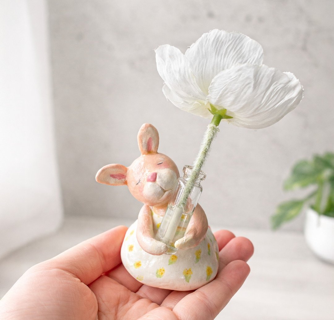 小兔花器 花器 泥塑 花瓶 扩香瓶 - 花瓶/陶器 - 粘土 
