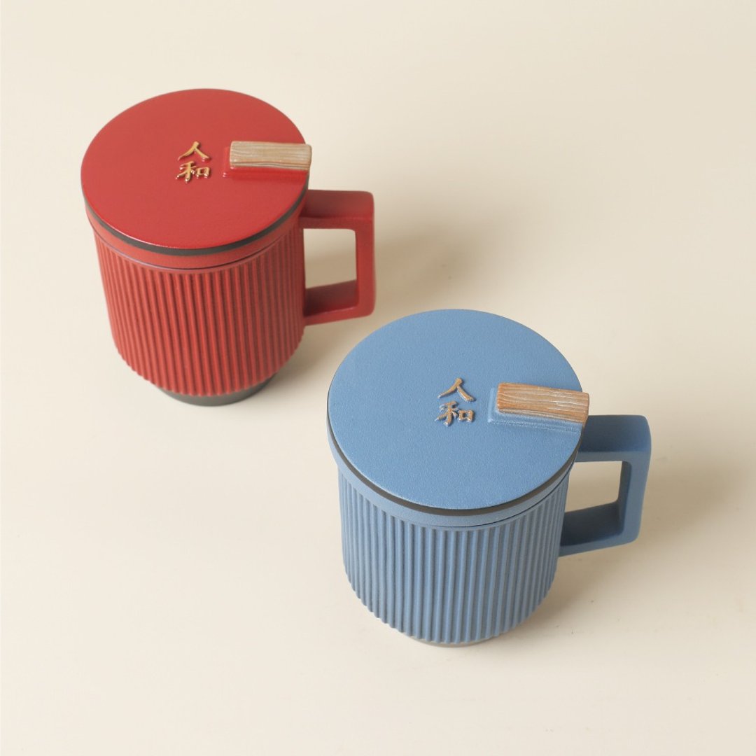 【礼物首选】陆宝 天地人和盖杯 300ml 办公室 泡茶杯 - 茶具/茶杯 - 陶 红色