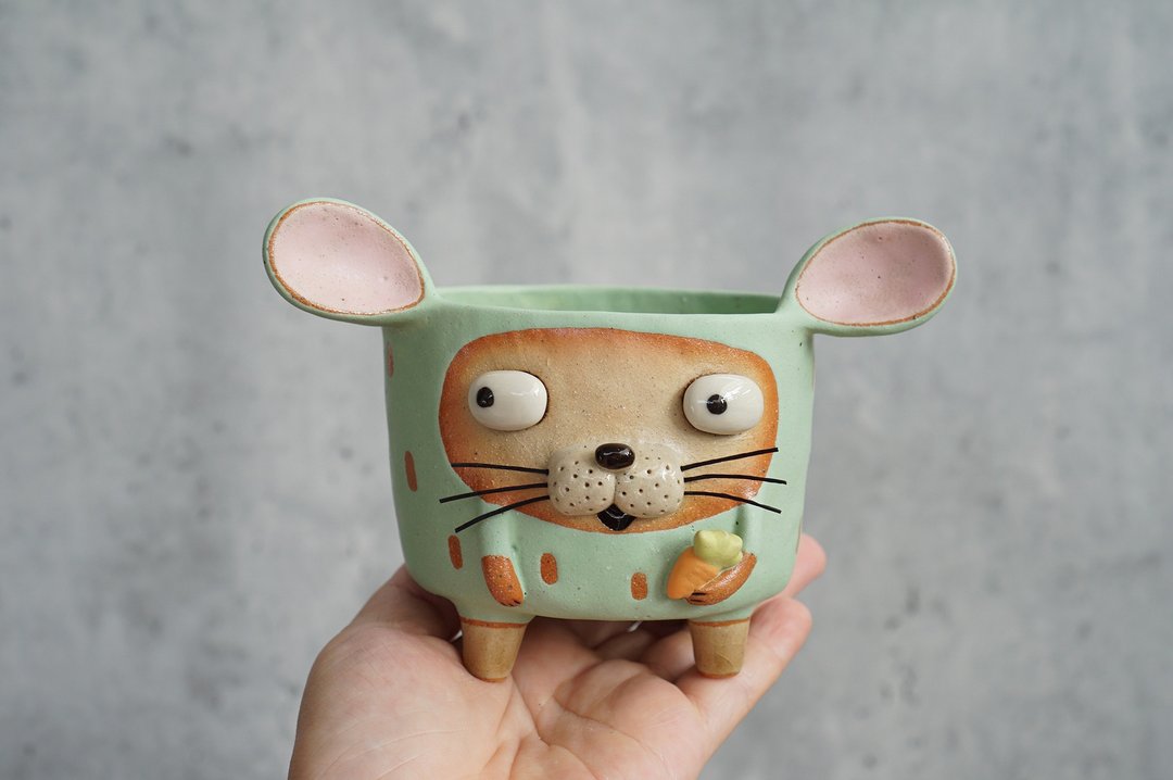 Rabbit pot , cactus , handmade ceramic , pottery - 植栽/盆栽 - 陶 蓝色