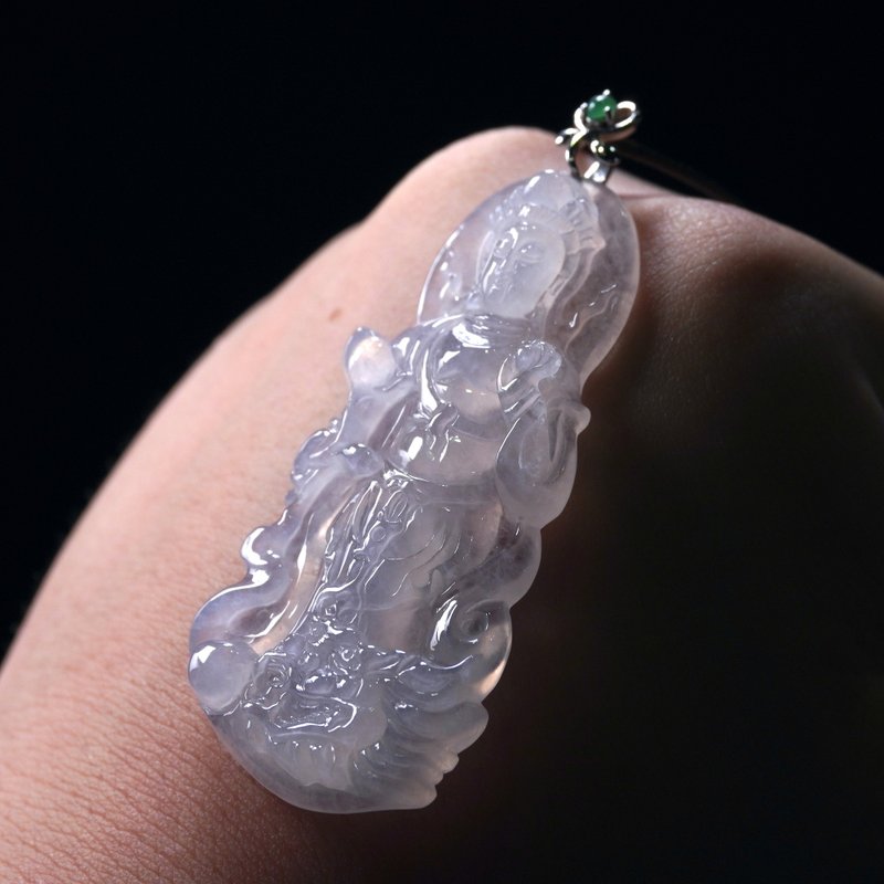 放光玻璃种翡翠乘龙观音菩萨项链18K金| 天然缅甸玉翡翠A货| 送礼 - 项链 - 玉石 透明
