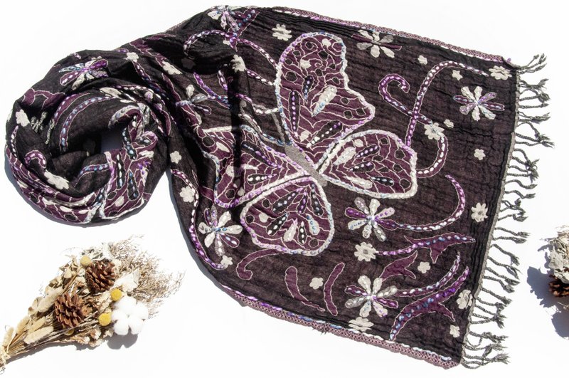 喀什米尔Cashmere/水煮羊毛披肩/针织围巾/刺绣围巾/羊绒披巾-蝶 - 围巾/披肩 - 羊毛 紫色