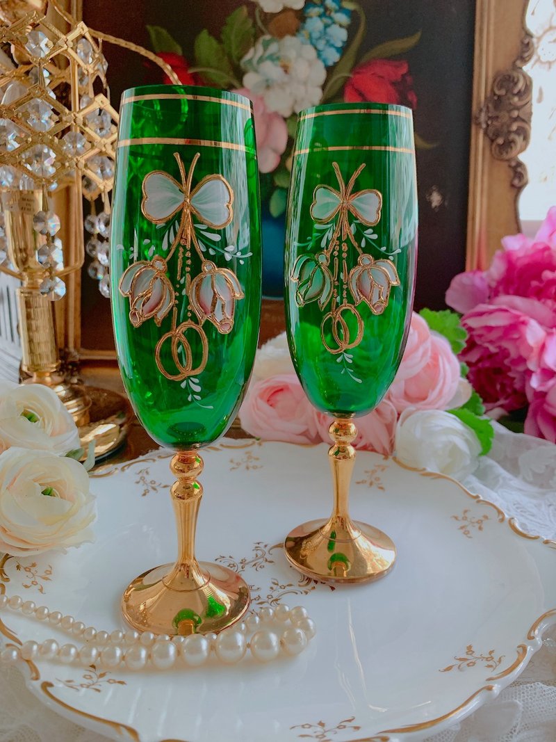 捷克古董手工手绘 24k 金 香槟杯 水杯 酒杯一对生日送礼 库存品 - 酒杯/酒器 - 水晶 绿色