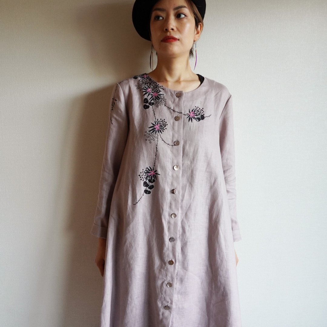 Linen coat dress dress dull pink underwater plants - 洋装/连衣裙 - 棉．麻 粉红色