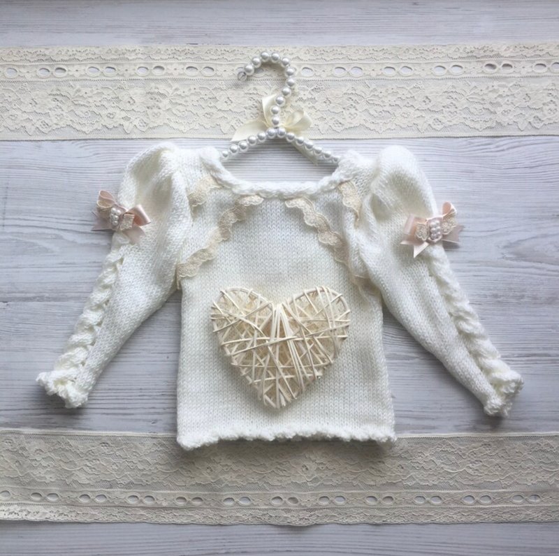 Hand made knit ivory sweater with beige lace, pearls and blush pink ribbon - 其他 - 其他材质 