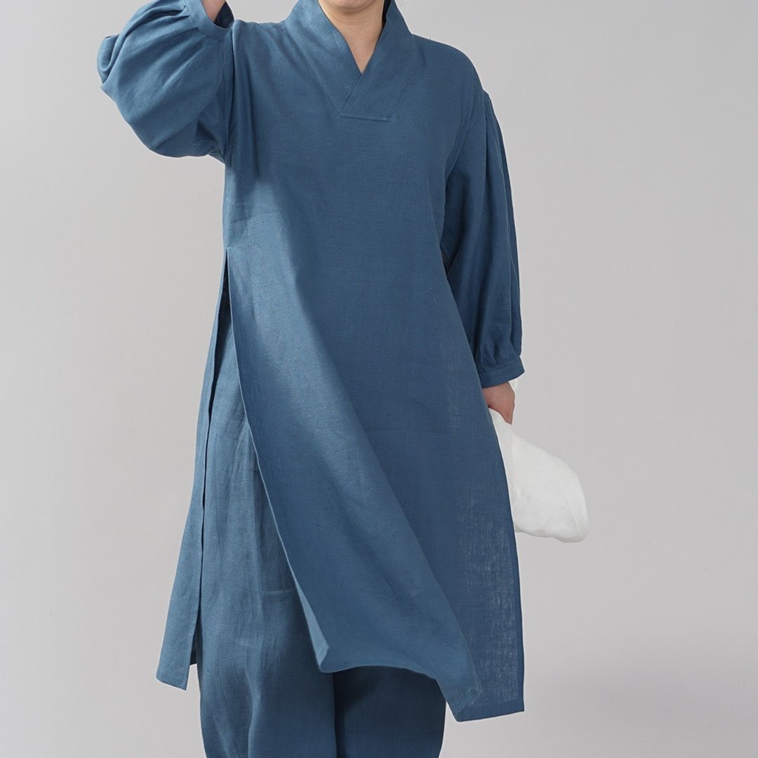 wafu - 純亞麻洋裝 Midweight Linen Asian Oldfashion Dress / Bleu Passe a084h-bps2 - 洋装/连衣裙 - 亚麻 蓝色