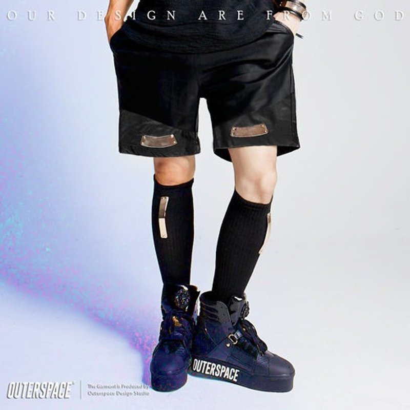 OUTER SPACE GOLD皮革拼接短裤 - 男士长裤 - 棉．麻 黑色