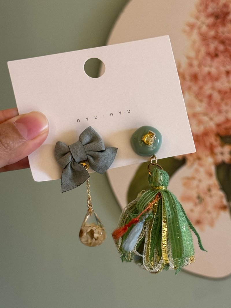 花草系 日本毛线耳环 - 耳环/耳夹 - 其他金属 绿色