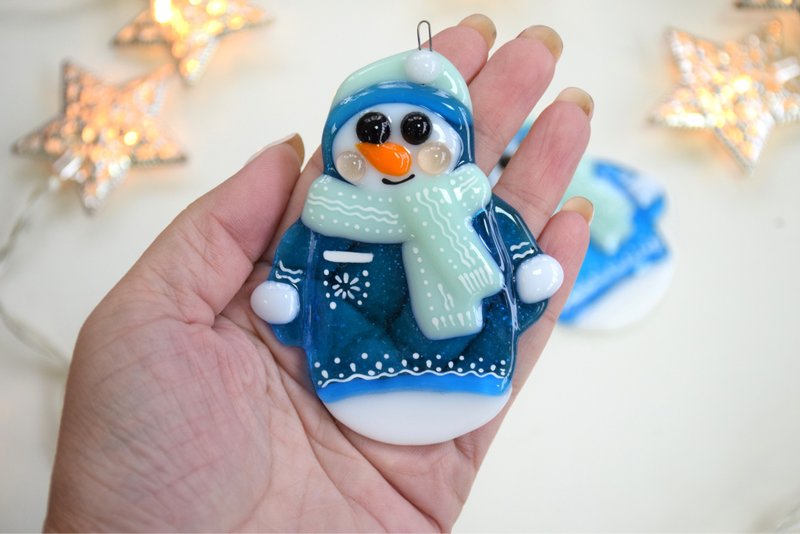 Snowman christmas tree toys fused glass suncatcher - 摆饰 - 玻璃 红色