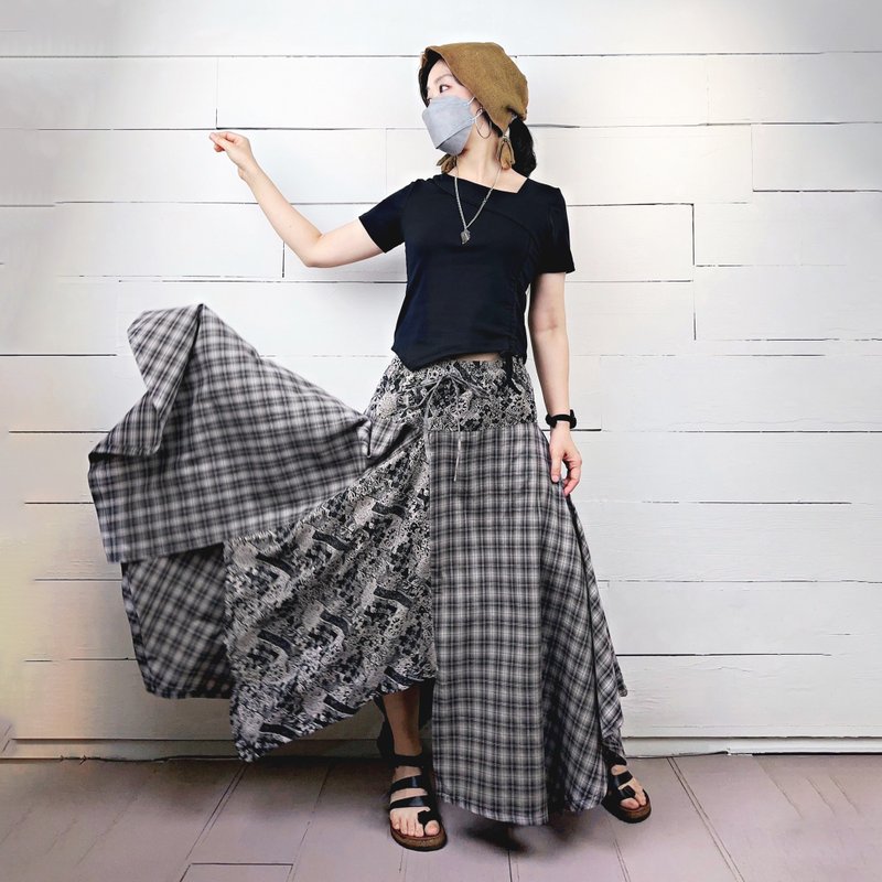 黑咖格 后袋多角造型裙 #T6052 - 裙子 - 棉．麻 灰色