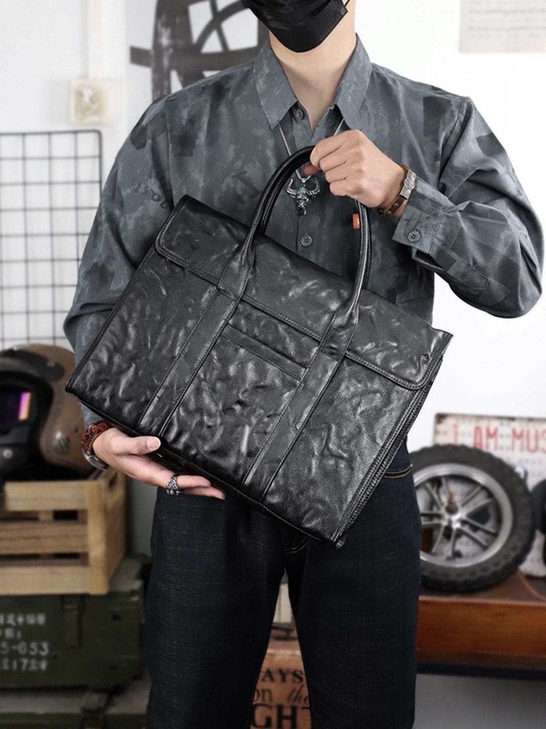 植鞣牛皮 简约真皮笔电公事包 16寸 手工制作 黑色电脑包 公文包 - 公文包/医生包 - 真皮 黑色