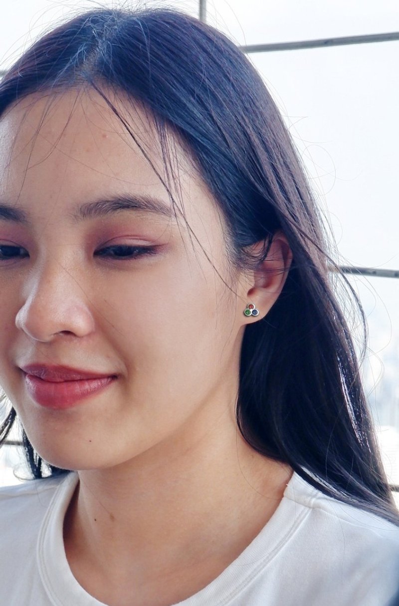 镶有小红宝石的银耳环 - 耳环/耳夹 - 银 咖啡色