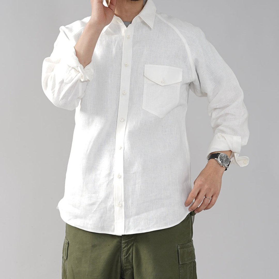 wafu - 純亞麻襯衣 Midweight Linen Shirt For Men / White t035h-wht2-m - 男装衬衫 - 亚麻 白色
