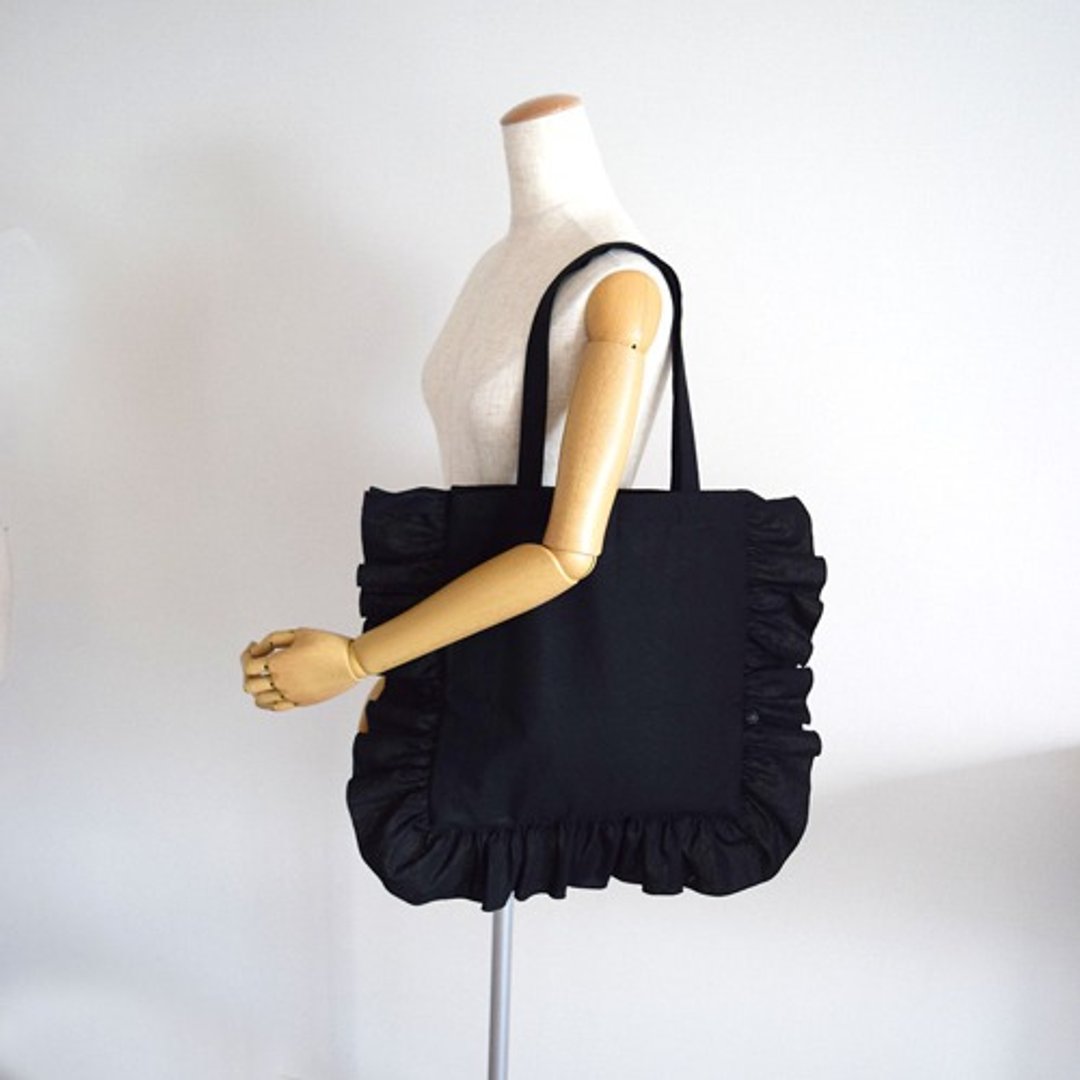 Half Linen Plenty of Frill Gather Regular Size Tote Bag Black - 手提包/手提袋 - 棉 黑色