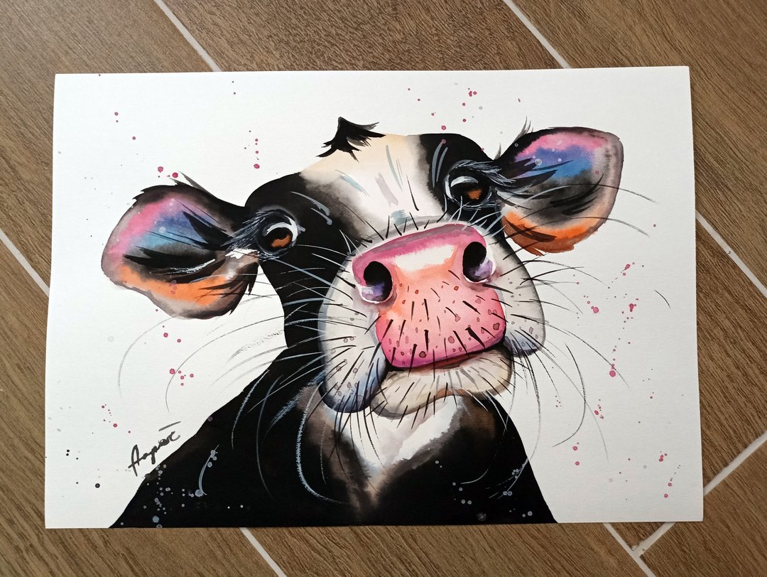 Watercolor original cow room decor animal painting art by Anne Gorywine - 墙贴/壁贴 - 纸 银色