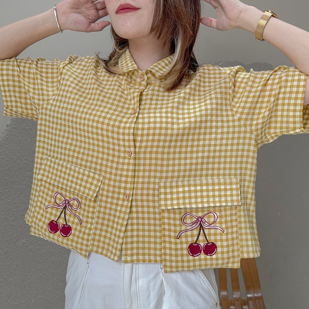 Over Cropped 衬衫 CHERRY 樱桃 : Yellow黄色的 - 女装衬衫 - 棉．麻 黄色