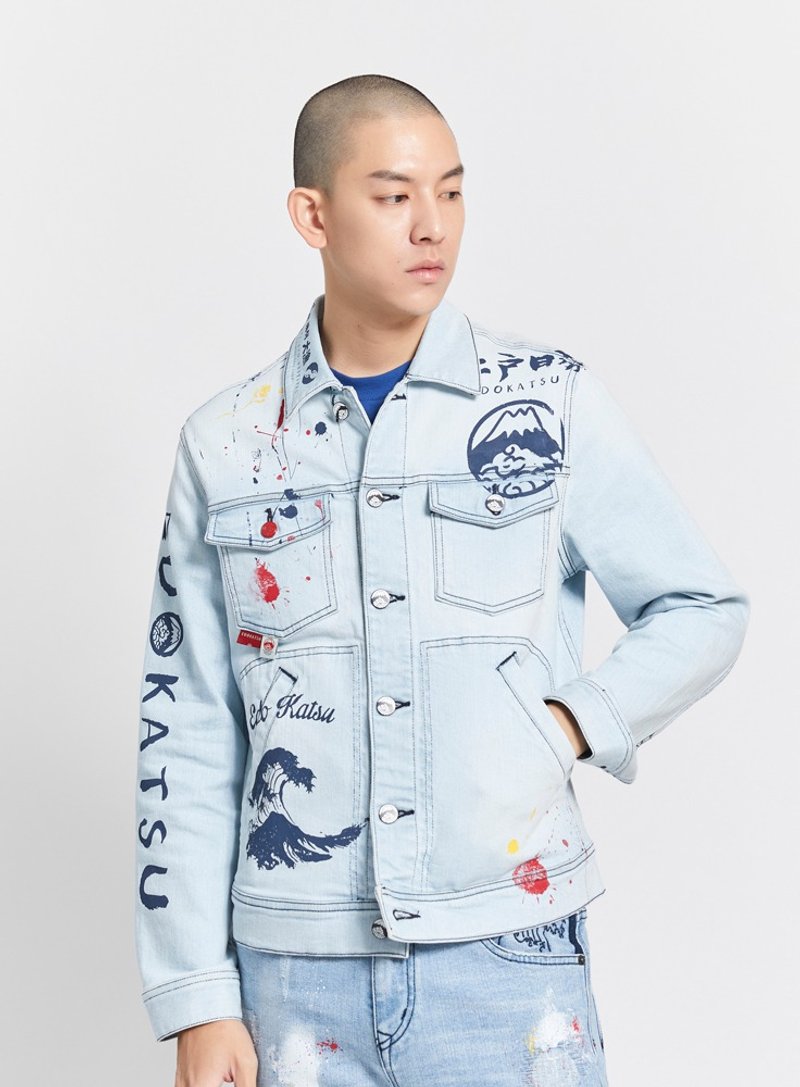 江户胜 日系 男装 大渔系列 泼漆牛仔外套(石洗蓝) #外套 - 男装外套 - 棉．麻 蓝色