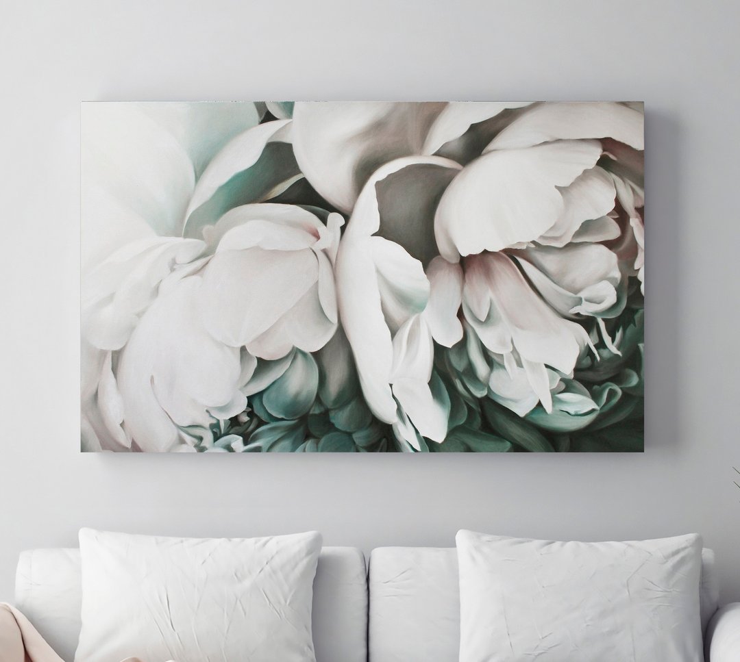 牡丹画 |大型花卉画 |白花画｜娇牡丹2 - 墙贴/壁贴 - 棉．麻 白色