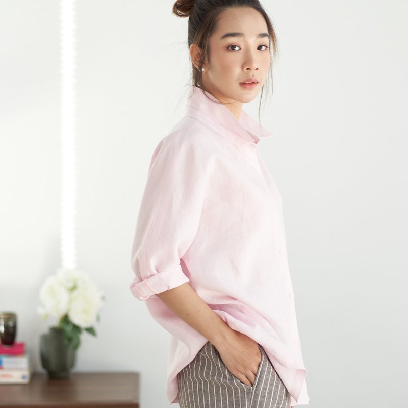Natural Linen Shirt Minimal Linen Shirt - Powder Pink - 女装衬衫 - 亚麻 粉红色