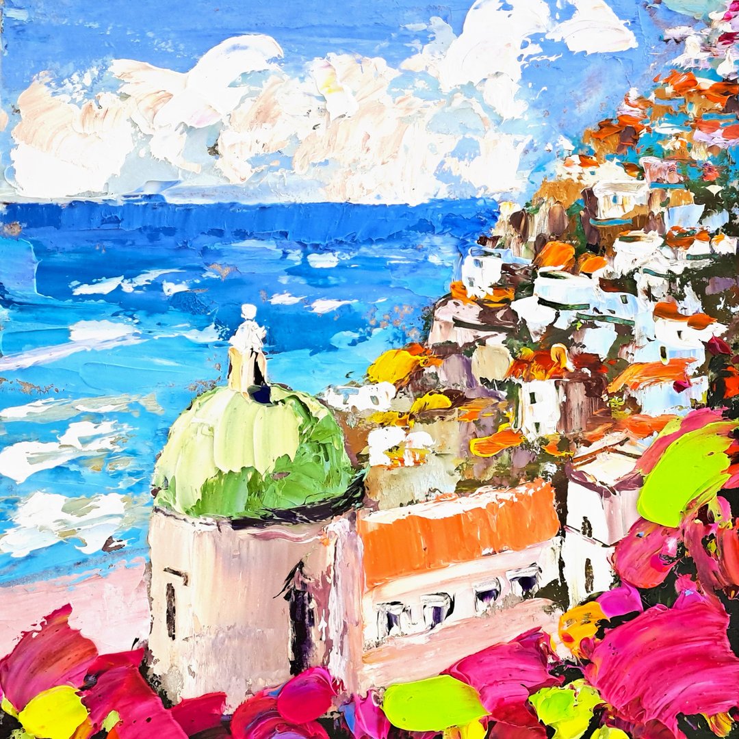 波西塔诺绘画阿马尔菲海岸原创艺术意大利厚涂油画海景 - 海报/装饰画/版画 - 其他材质 多色