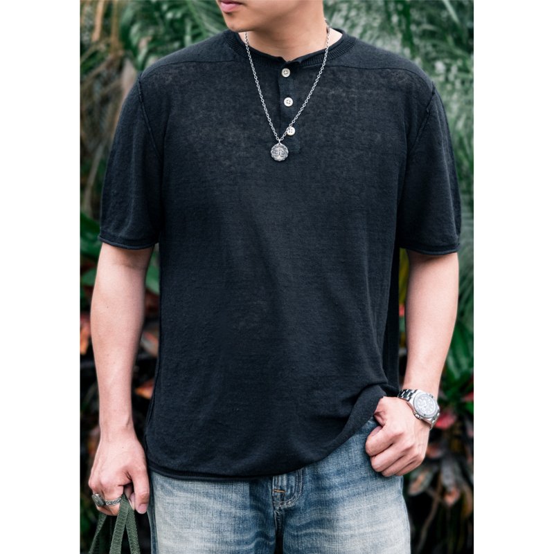 亚麻亨利领短袖上衣 黑色 纯亚麻 传统毛织机 舒适 百搭 t-shirt - 男装上衣/T 恤 - 棉．麻 黑色