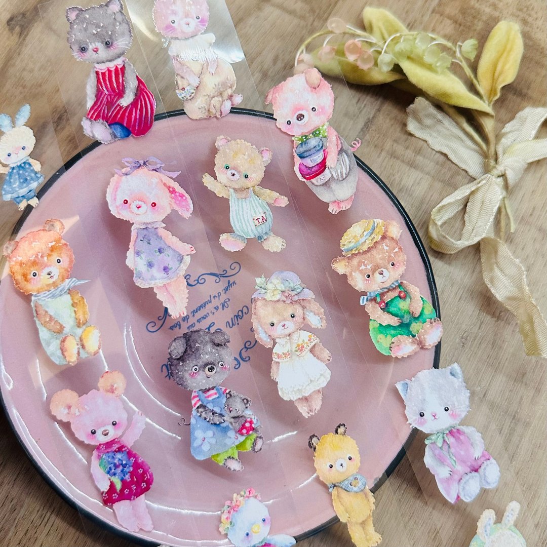 3CM水彩PET白墨纸胶带【Petit bébé 可爱小毛孩】 - 纸胶带 - 塑料 多色