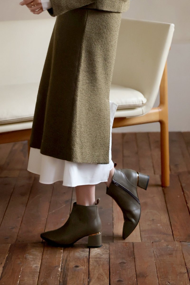 抹茶绿。踝带 (可拆) 个性中跟靴 台湾手工全牛皮气垫 - 女款短靴 - 真皮 绿色