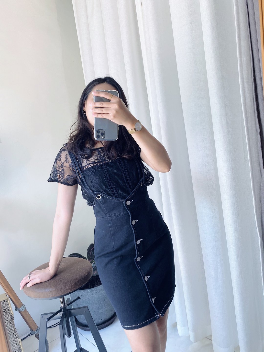 lip service 深海黑蓝银扣简约修身 古董古着吊带裙连衣裙 dress - 洋装/连衣裙 - 棉 黑色