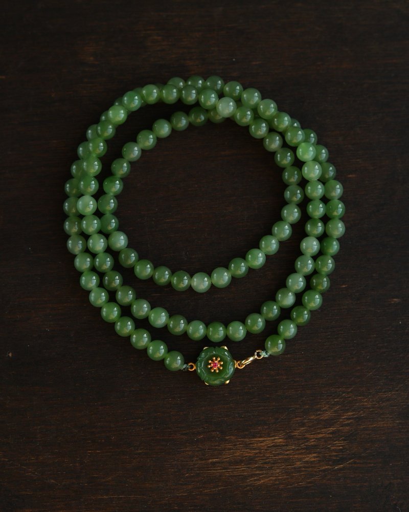 6mm天然和田玉 /和阗玉原矿 碧玉. 碧玉小花苞设计多圈手串项链 - 手链/手环 - 玉石 绿色