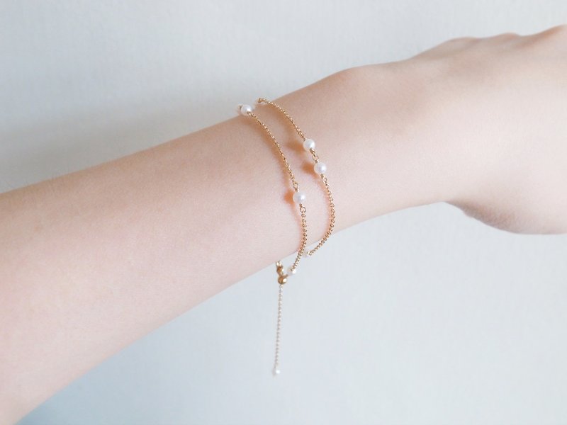 14KGF 珍珠双圈手链 润白 天然石手链 - 手链/手环 - 宝石 白色