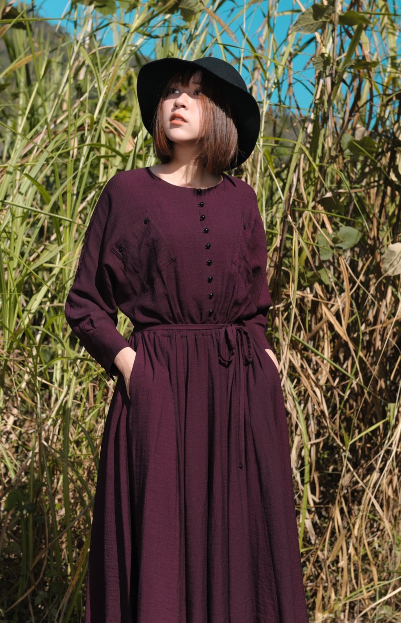 LANZONA 经典复古量感圆裙摆长洋装 - 洋装/连衣裙 - 聚酯纤维 紫色