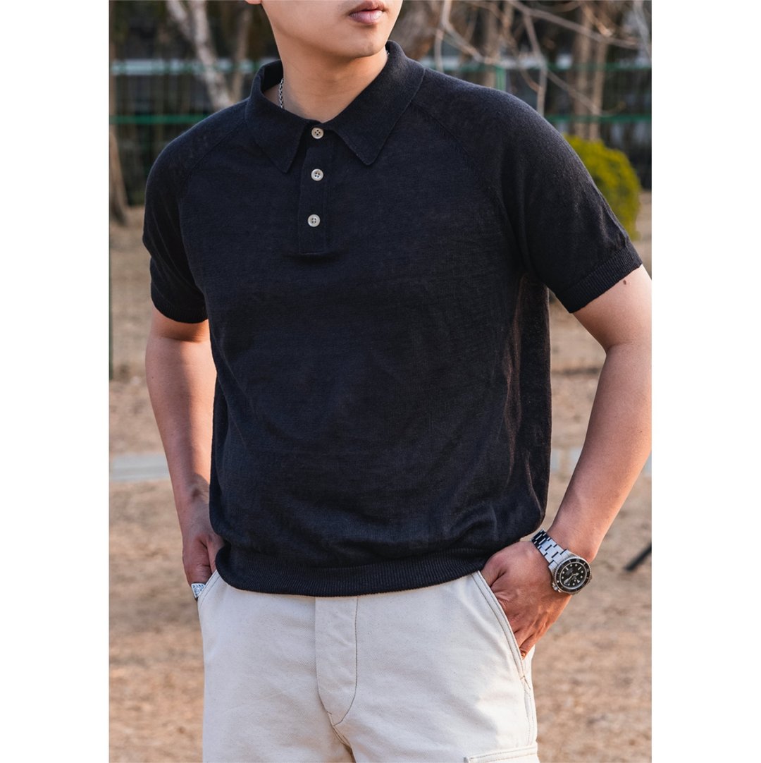 亚麻短袖polo衫 马球衫 t-shirt 黑色 纯亚麻 传统毛织机 经典 - 男装上衣/T 恤 - 棉 黑色