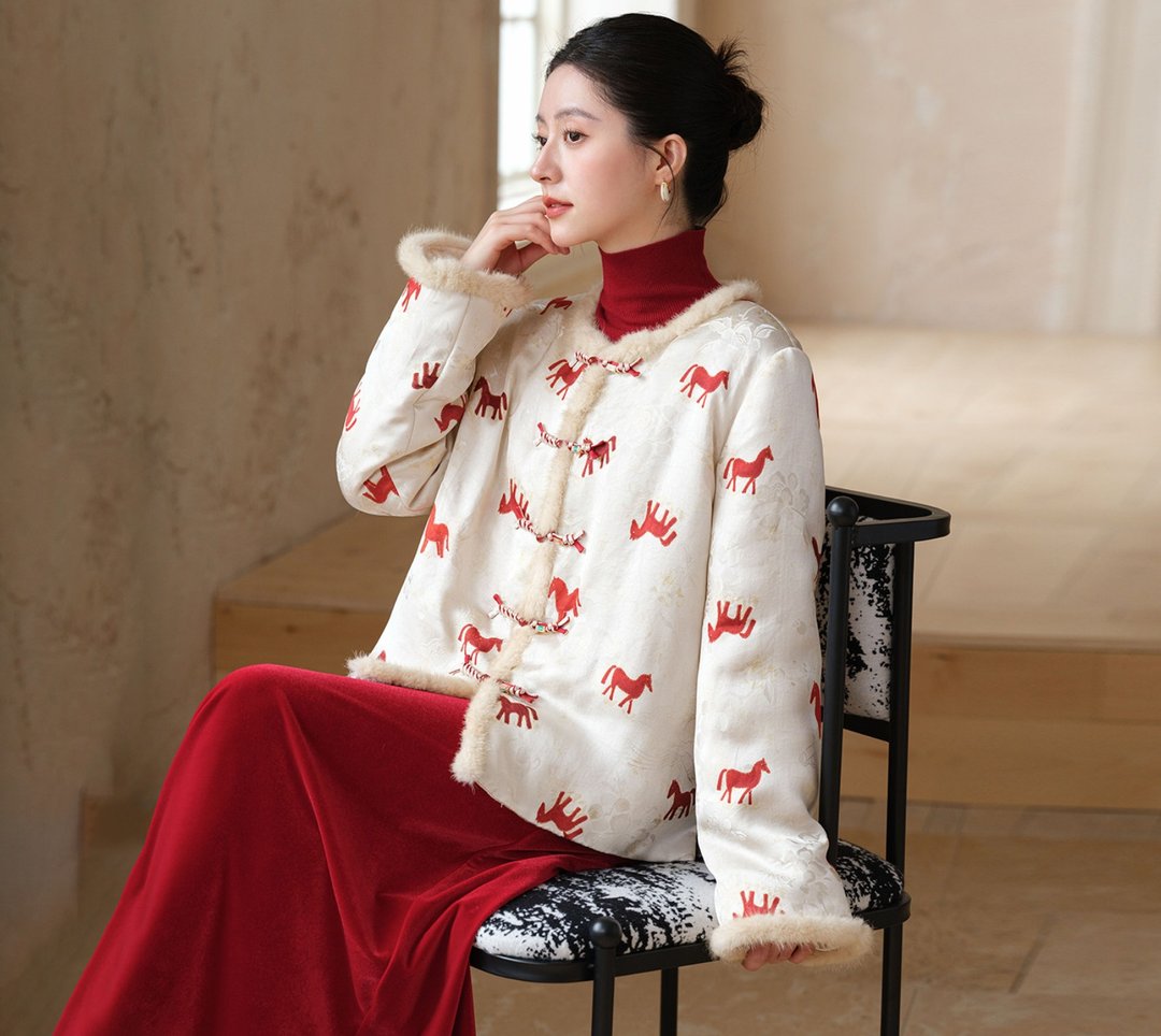 【納福紅裳】新中式復古风 马上有福棉服外套/上衣/半裙 - 女装休闲/机能外套 - 其他材质 红色